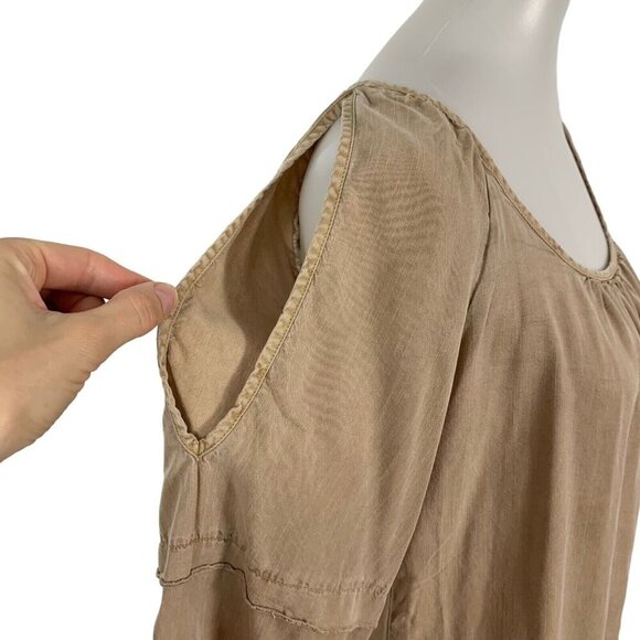 Glam Cold Shoulder Dress Small Tan Short Sleeve Party Clubwear Stretch - Picture 3 of 6